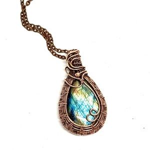 HAND Crafted Labradorite Wire Wrapped Copper Pendant Necklace, Gift for Her